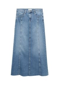 Denim maksi suknja u svijetloplanoj boji, s ravnim krojem, prednjim džepovima i vertikalnim šavovima, od glatkog, teksturiranog materijala.