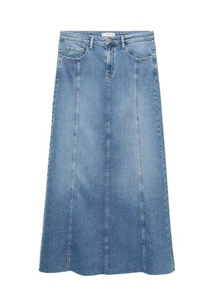 Denim maxi skirt in light blue, features a straight cut, front pockets, and vertical seams, with a smooth, textured fabric.