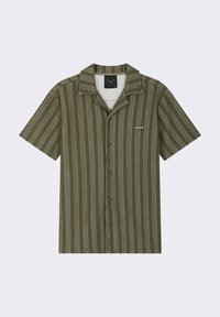 Camicia a manica corta di colore verde oliva con strisce bianche verticali, colletto a punte e taschino sul petto. Realizzata in tessuto leggero.