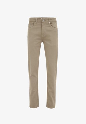 Beige cotton trousers with a slim fit, featuring two front pockets, a button closure, and subtle stitching details along the seams.