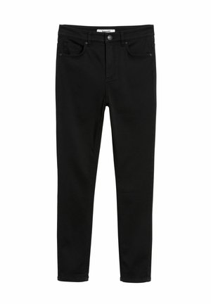 Schwarze Denim-Jeans im Slim-Fit, mit fünf Taschen, Knopfverschluss und Steppnähten entlang der Nähte.