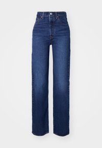 Blå jeans i hög midja med rak benform, utrustade med två framfickor, dragkedja och subtila blekningsdetaljer.