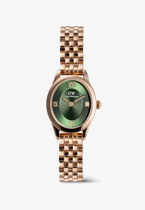 Zlatý metalový hodinky se zeleným slunečnicovým ciferníkem, římskými číslicemi a náramkovým bandem s články. Má kulatý pouzdro a minimalistický design.