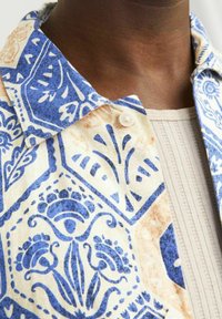 Gestreept shirt met blauwe bloemenontwerpen op een lichte achtergrond, met een knoopsluiting en een gestructureerde kraag.
