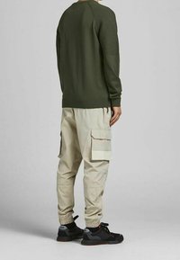Pull en tricot vert olive avec détails côtelés aux épaules, associé à un pantalon cargo beige avec poches latérales, poignets élastiques, et baskets noires.