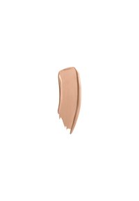 Beige flytande foundation-swatch, mjuk textur, krämig konsistens, något reflekterande finish, med en avsmalnande kant och mjuka linjer.