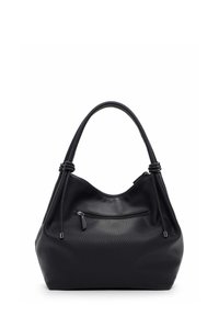 Černá texturovaná kožená kabelka s jedním uchem, přední kapsou na zip a ozdobnými uzlíky na každé straně ucha.