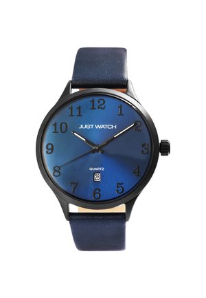 Runder Quarz-uhr mit blauem Farbverlauf-Dial, schwarzen Stundenmarkierungen, Tages-/Datumsanzeige und einem dunkelblauen Lederarmband. Verfügt über ein schwarzes Gehäuse.