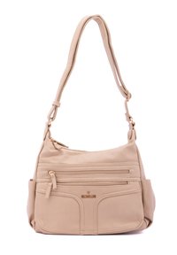 Borsa a spalla in pelle beige con una texture liscia, tre tasche frontali con zip, un ampio scomparto principale e una tracolla regolabile.