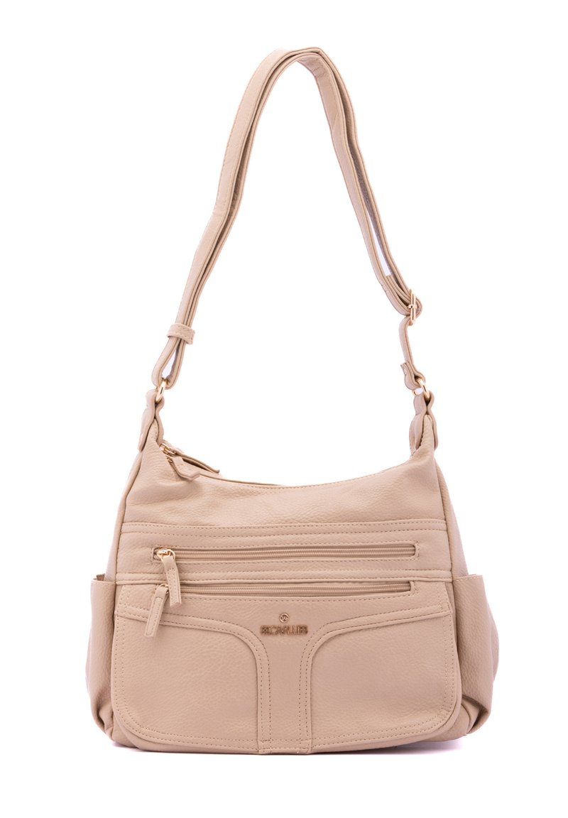 Borsa a spalla in pelle beige con una texture liscia, tre tasche frontali con zip, un ampio scomparto principale e una tracolla regolabile.