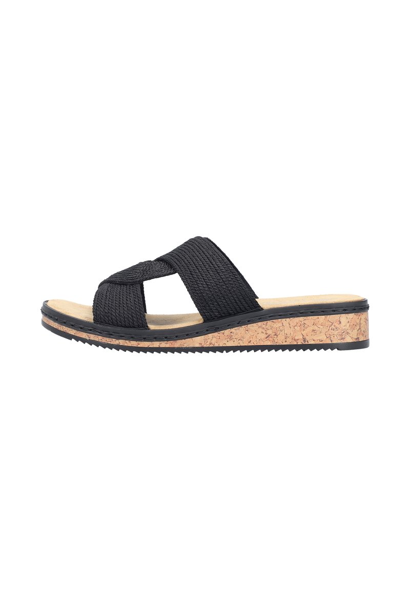 Zwarte gevlochten sandaal met een kurken sleehak, een gestructureerde bovenkant en een vlakke voetbed voor comfort. Opvallende zijprofielweergave.
