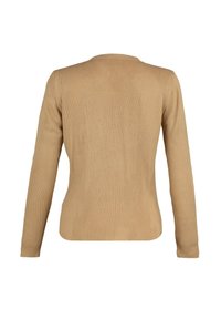 Beiger, gerippter Pullover mit langen Ärmeln, Rundhalsausschnitt und figurbetontem Schnitt. Weiche Textur mit einem glatten, gleichmäßigen Muster.