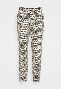 Zwart-wit gestreepte broek met een geometrisch patroon, voorzien van een aansluitende pasvorm, elastische tailleband en zijzakken. Gladde stoftextuur.