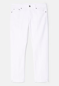 Valkoiset farkut suoran leikkauksen omaavina, joissa on metallinappeja ja niittejä sekä sivutaskut. Sujuva pinta ja siisti viimeistely.