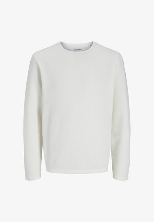 Valge, pikakätise sviiter, mis on valmistatud tekstuurilisest kangast ümmarguse kaelusega ja soonikkoes servadega. Pehme ja kerge materjal.