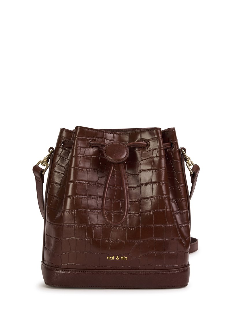 Brown croc-embossed leather bucket bag with a drawstring closure, gold brand logo, and a detachable shoulder strap.