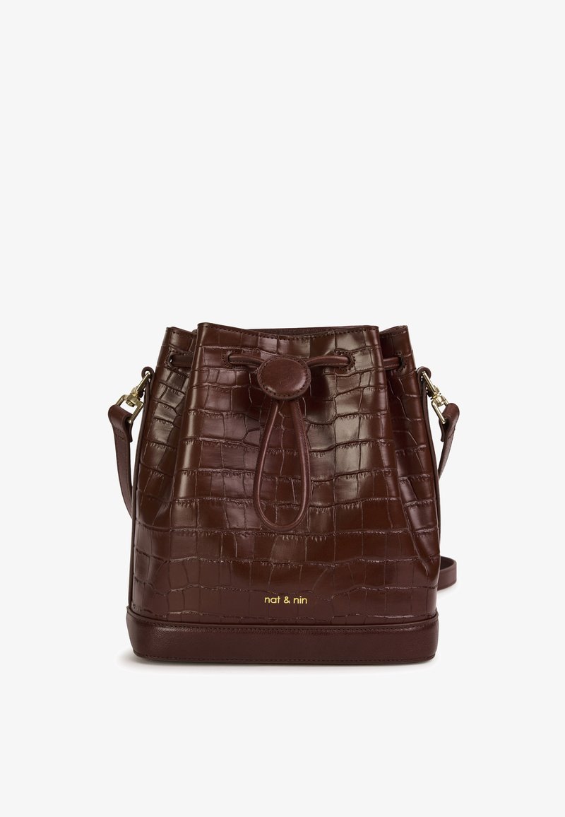 Brown croc-embossed leather bucket bag with a drawstring closure, gold brand logo, and a detachable shoulder strap.