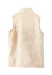 Fleece vest in pale beige with a high collar; features a soft texture and sleeveless design, showcasing a smooth, uninterrupted back.