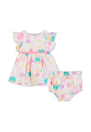Babykleid und passende Überhose mit pinken, türkisfarbenen und orangen tropischen und Herzmustern auf weißem Stoff.