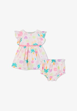 Beebiriided ja sobivad lühikesed püksid valgel kangal roosa, türkiissinise ja oranži troopiliste ja südamekujuliste mustritega.