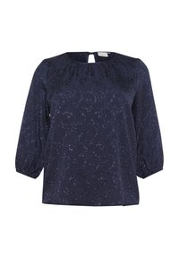 Blusa blu navy con un motivo floreale testurizzato, scollatura rotonda, dettaglio con apertura a chiave sulla schiena e maniche a sbuffo di tre quarti.