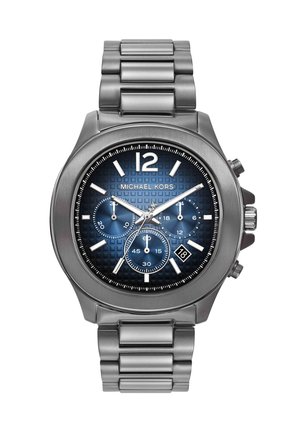 Orologio cronografo Michael Kors in acciaio inossidabile con quadrante blu strutturato, tre sub-quadranti, finestra per la data e bracciale a maglie.