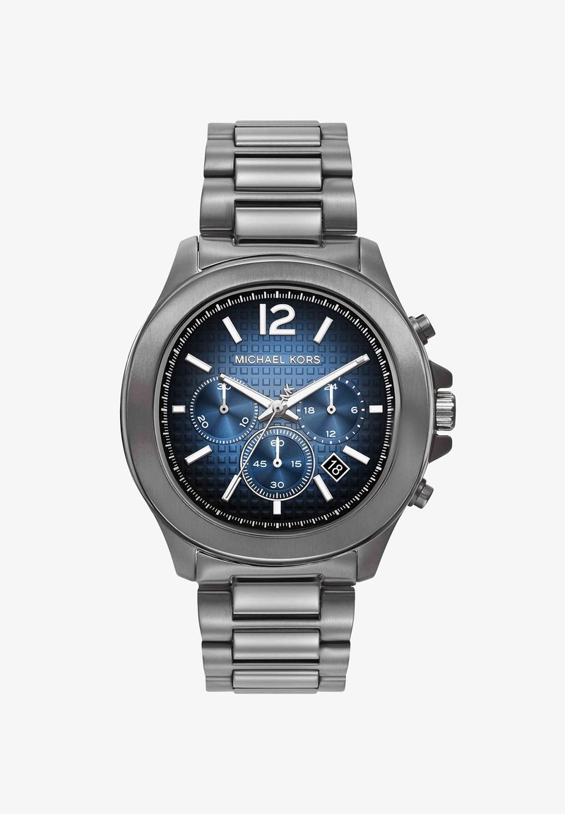 Michael Kors kronograf ur i rustfrit stål med blå tekstureret urskive, tre underurskiver, datovindue og led-armbånd.