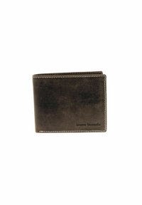 Brown leather wallet with a textured surface, featuring white stitching and a small logo. Bi-fold design, compact shape, and smooth edges.