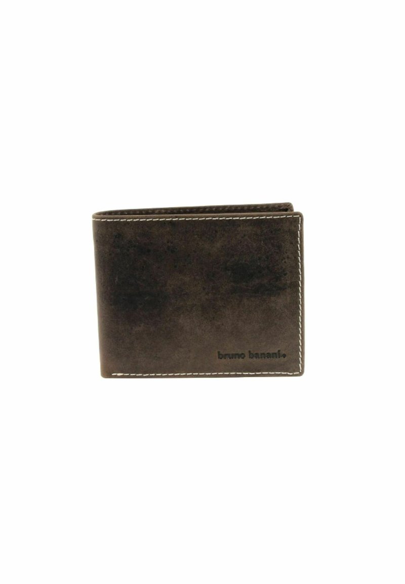 Brown leather wallet with a textured surface, featuring white stitching and a small logo. Bi-fold design, compact shape, and smooth edges.