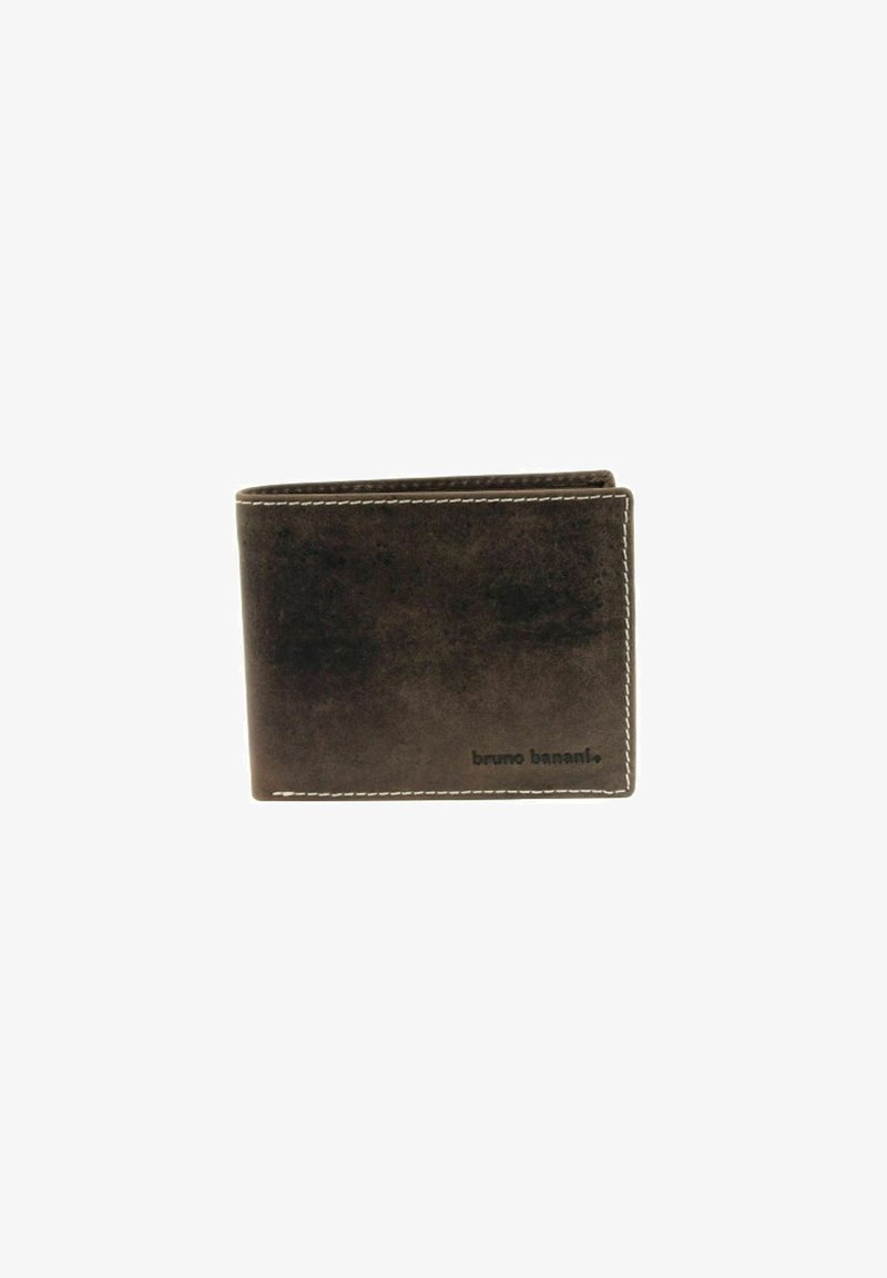 Brown leather wallet with a textured surface, featuring white stitching and a small logo. Bi-fold design, compact shape, and smooth edges.