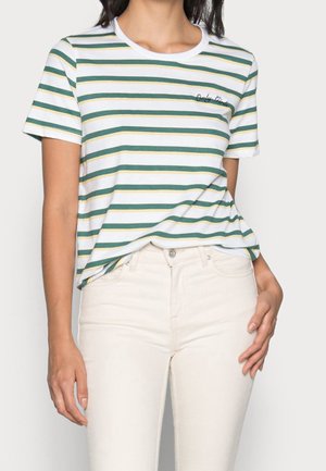 Striped short-sleeve t-shirt in white, green, and yellow. Features a rounded neckline and an embroidered detail on the chest.