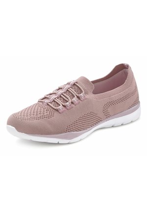 Pink lightweight sneaker with a breathable mesh upper, elastic laces, and white rubber sole. Features a textured pattern and flexible design.