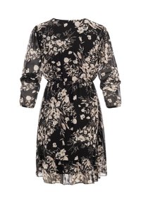 Mustast pikast varrukast kleit beežide lillemustritega, elastse vöökohaga ja volangidega alläär, valmistatud läbipaistvast kergest kangast.