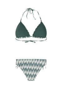 Groene bikini set met een driehoekige haltertop met franjes en een patroon op de broek met een wit zigzagontwerp en zijbinders.
