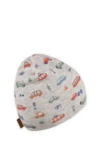 Light grey fabric beanie hat with colorful cars, traffic lights, parking signs, and trees printed all over.