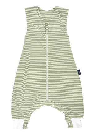 Grüner und weiß gestreifter Baby-Overall mit ärmellosem Design, Reißverschluss vorne und weißen umgeschlagenen Beinen. Verfügt über Druckknopfverschlüsse am Boden.
