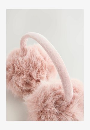 Pink faux fur earmuffs with a soft, plush texture, featuring a smooth pink fabric headband and large, round ear sections.
