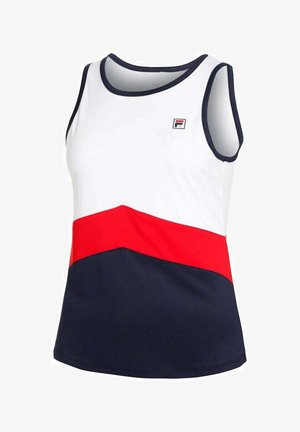Top deportivo sin mangas con parte superior blanca, mitad diagonal roja, sección inferior azul marino, ribete azul marino y pequeño logo de FILA en el pecho.