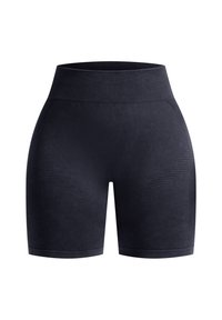 Zwart hoge taille shorts gemaakt van gestructureerde stof met subtiele patroonaccenten, ontworpen voor comfort en flexibiliteit.