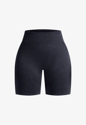 Zwart hoge taille shorts gemaakt van gestructureerde stof met subtiele patroonaccenten, ontworpen voor comfort en flexibiliteit.