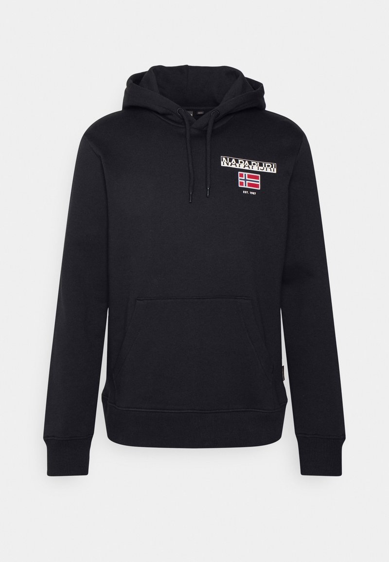 Sudadera negra de algodón, con un bolsillo canguro central, capucha con cordón y un logo bordado con diseño de bandera en el pecho.