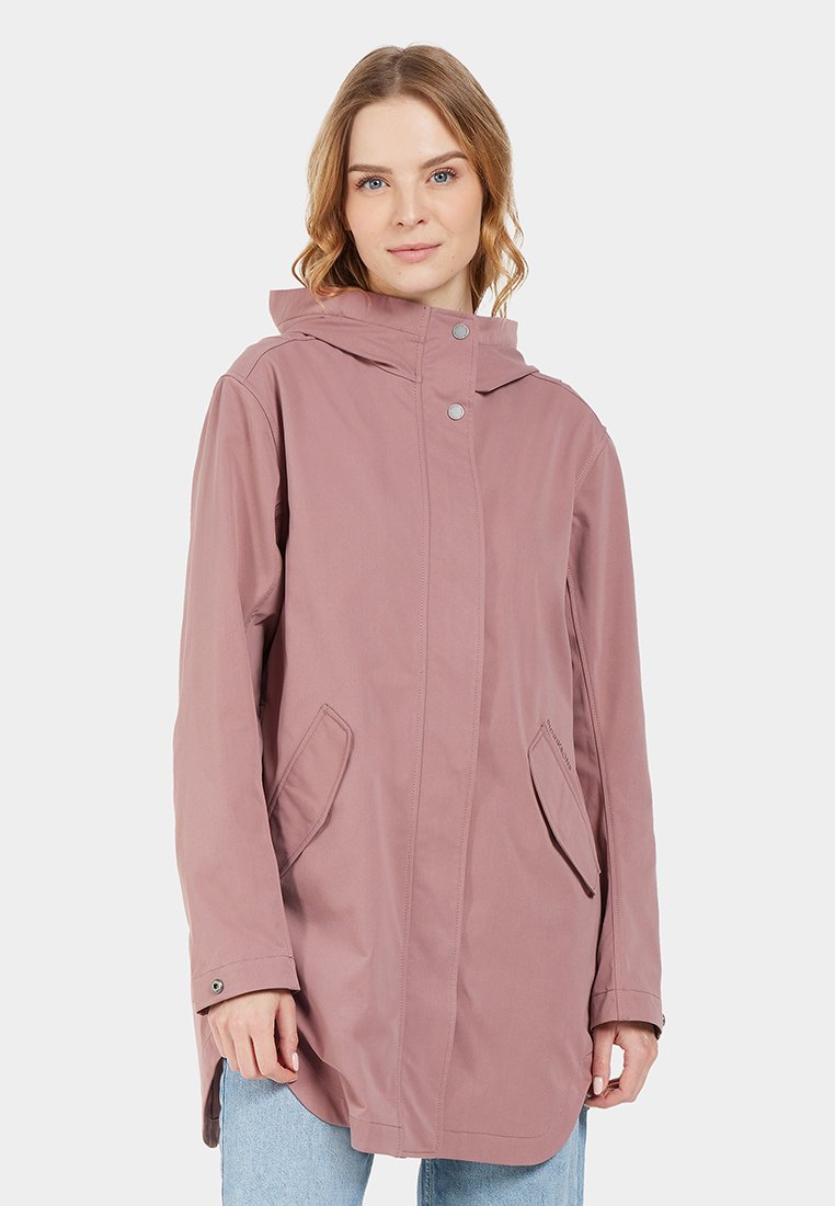 Wasserabweisende pinke Jacke mit Kapuze, vorn mit Druckknöpfen und seitlichen Taschen. Sie hat eine glatte Textur und einen lockeren Schnitt.
