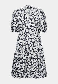 Robe imprimé floral noir et blanc avec manches courtes bouffantes, encolure en V et ourlet à volants sur fond uni.