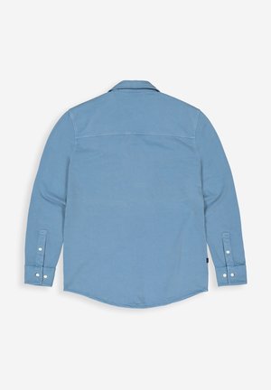 Himmelblaues Langarmhemd aus Baumwolle. Verfügt über einen Kentkragen, Knopfmanschetten und einen abgerundeten Saum. Minimalistisches Design mit glatter Textur.