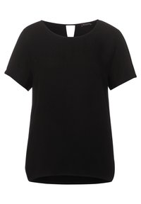 Schwarze Kurzarmbluse mit Rundhalsausschnitt und kleinem Schlüsselaugen-Ausschnitt auf der Rückseite, lockere Passform, unifarbener Stoff.