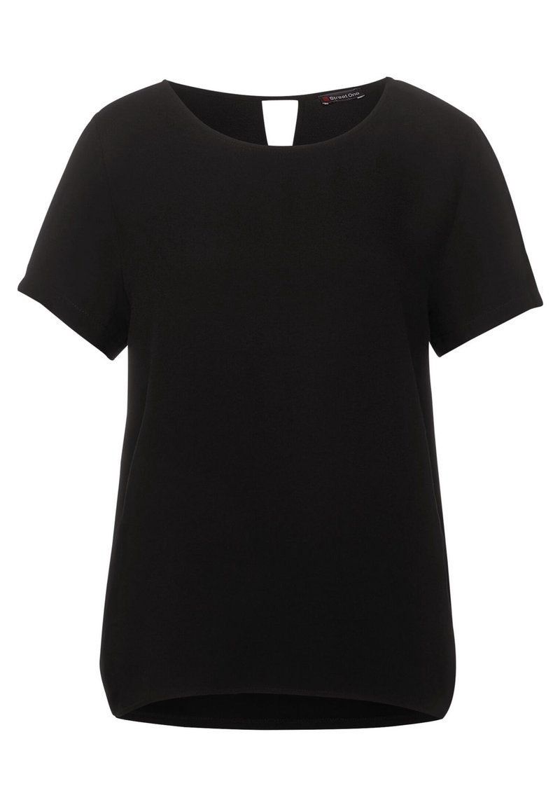 Schwarze Kurzarmbluse mit Rundhalsausschnitt und kleinem Schlüsselaugen-Ausschnitt auf der Rückseite, lockere Passform, unifarbener Stoff.