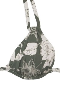 Kvetinový bikiny top v olivovo zelenej farbe. Obsahuje biely kvetinový vzor, nastaviteľné ramienka a zhromaždenie látky pre tesné priliehanie.
