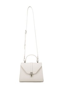 Borsa a tracolla bianca in pelle con tracolla removibile, forma strutturata, chiusura a patta, hardware in tono argento e finitura testurizzata.