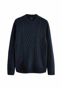 Navy-blaues Kabelstrick-Pullover mit Rundhalsausschnitt, strukturiertem Muster, gerippten Bündchen und Saum, aus weichem Material. Ideal für kühleres Wetter.