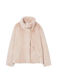 Faux fur jas in lichtroze, met een hoge kraag, voorkleur en zijzakken. Zachte textuur en een relaxte pasvorm.